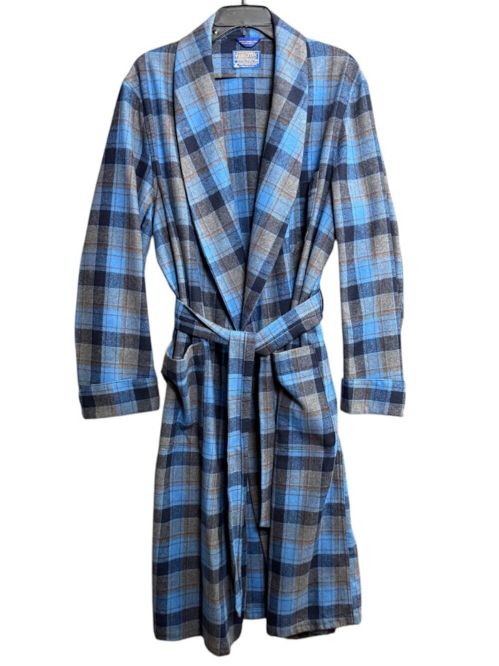 Vtg Pendleton 100% Virgin Wool USA Mens Robe Blue Brown Plaid Mad Men 1960s Sz L